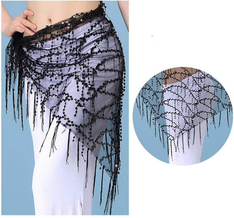 Lauthen.S Women Belly Dance Hip Scarf, Sequin Tassels Triangle Tribal Wrap Skirt Waist Chain Black(Silver Sequins) - Image 3